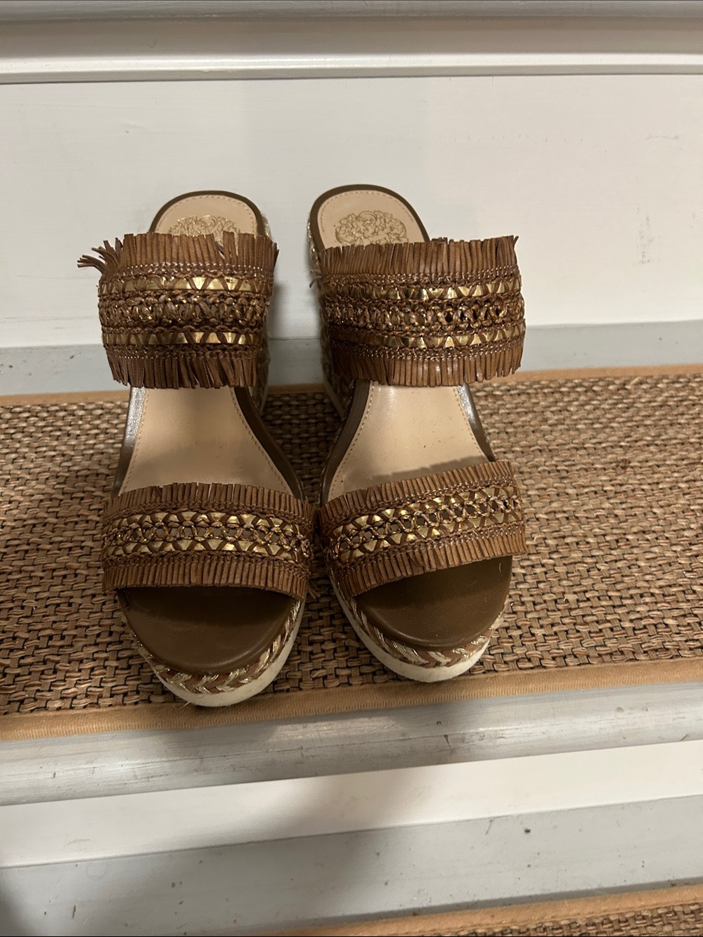 Vince camuto Woven Fringe Brown Women's Slide Sandals wedge 7/12